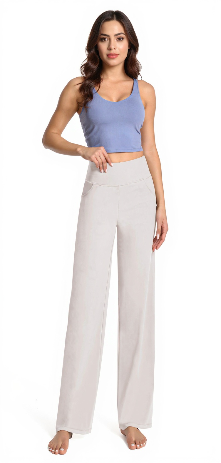 Wide-Leg Yoga Pants in Light Khaki — The Embossed Legging Edit style look